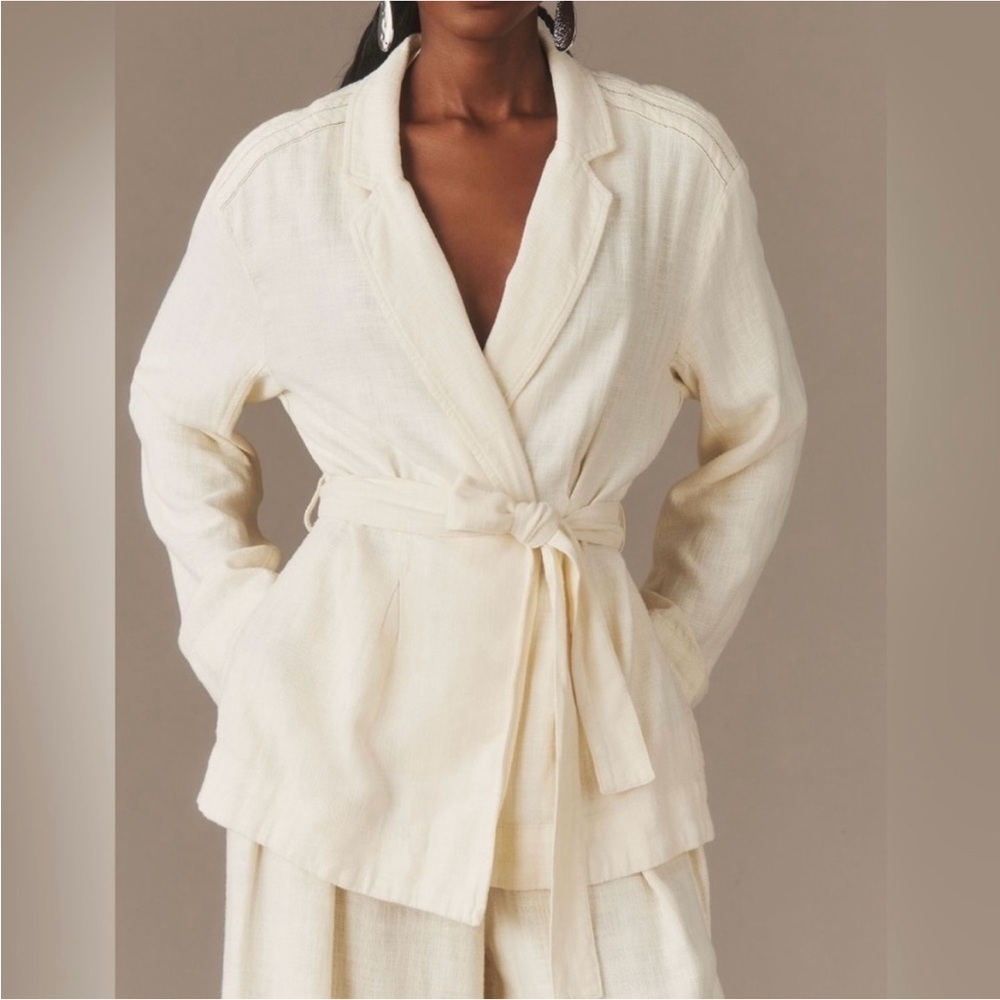 NWT Anthropologie Cream Linen Blend Belted Blazer Jacket M